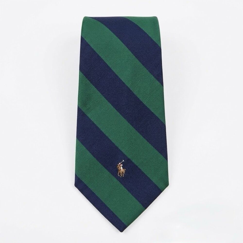 Vintage Polo Ralph Lauren Silk Tie Green Navy Repp Block Stripe Pony USA Made